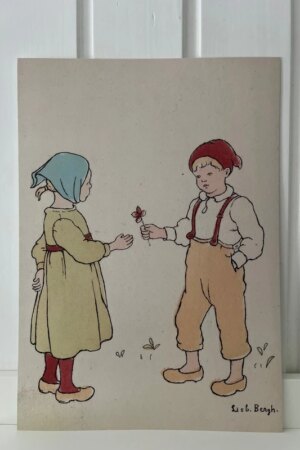 Jongen die een bloem aan een meisje geeft - Lisbeth Bergh - 1 kunst kaart A4