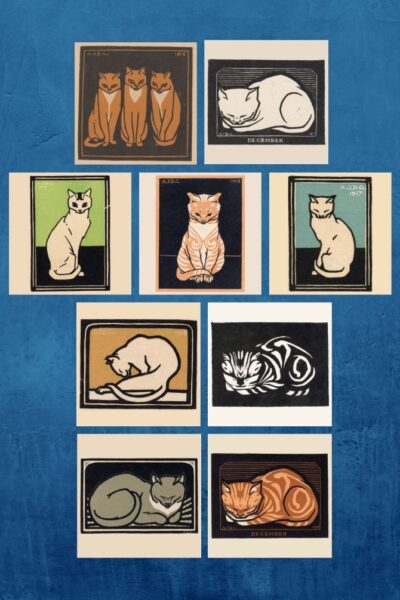 Katten – Julie de Graag – set van 9 kunst kaarten vierkant (21×21cm)