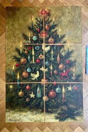 Nostalgische kerstboom - set van 6 kunstkaarten - vierkant