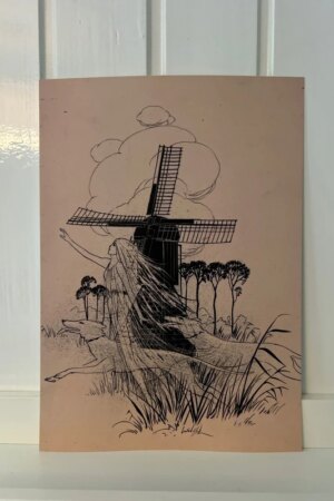 Schim van een meisje en twee honden bij een molen - Henri Verstijnen - 1 kunst kaart A4