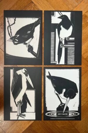 Vogels - Black Edition - Kees Koeman - set van 4 wandkunstkaarten A4