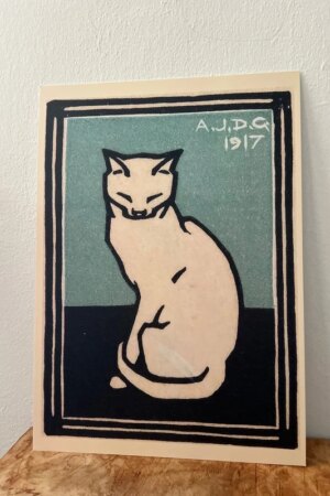 Zittende kat met gesloten ogen (blauw) - Julie de Graag - 1 kunst kaart A4